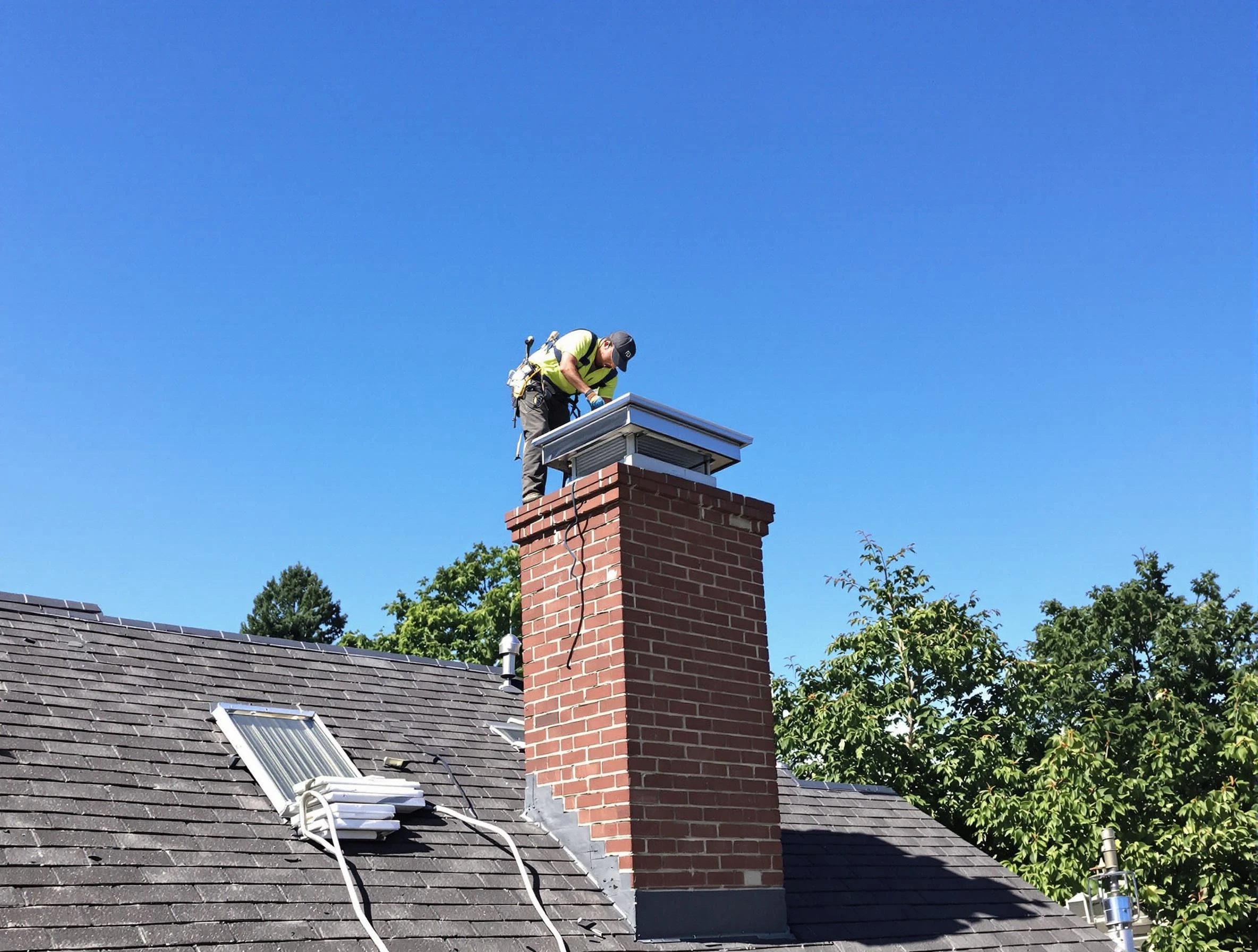 Columbiana Chimney Sweep technician measuring a chimney cap in Columbiana, AL