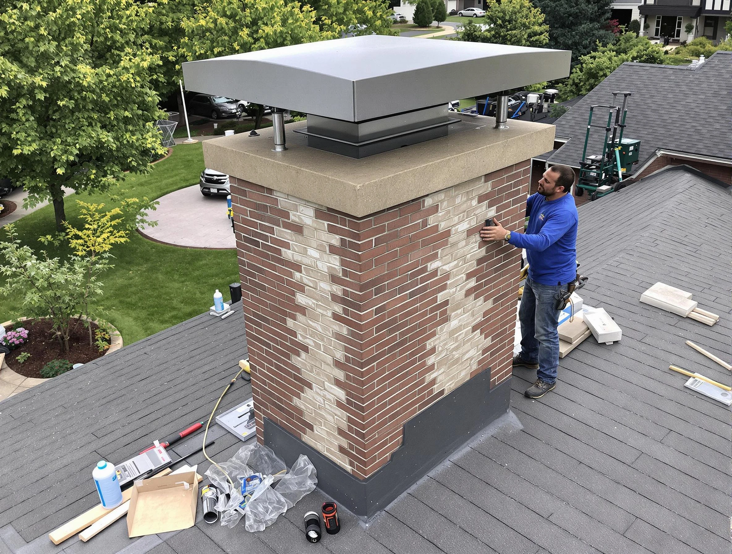 Columbiana Chimney Sweep team working on a custom chimney remodel in Columbiana, AL